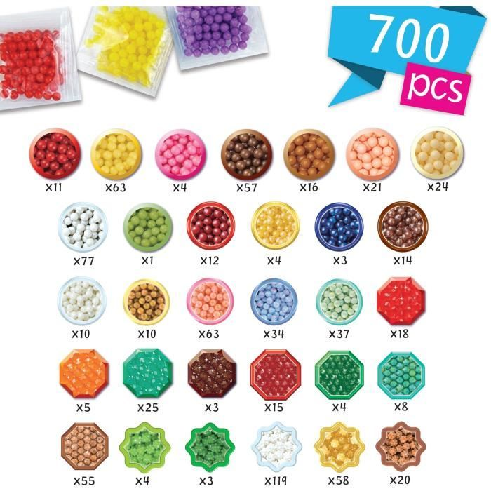 Imágenes de cuentas de colores en cuencos y bolsas con el número 700.