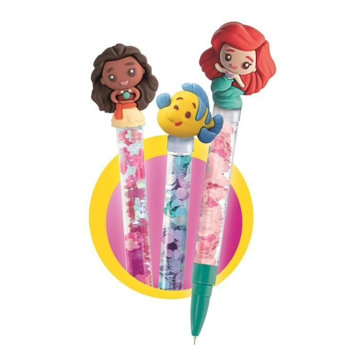 Tres bolígrafos con personajes de Disney: Moana, Flounder y Ariel con purpurina.