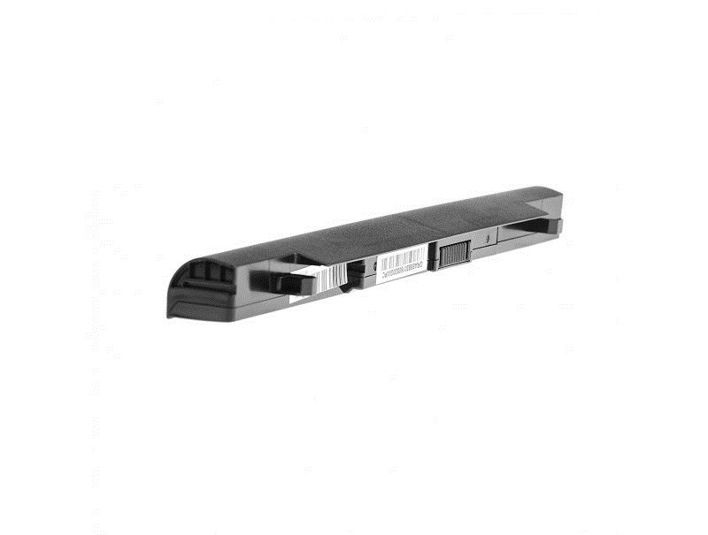 Schwarzer Laptop-Akku mit Etikett und Verriegelungsmechanismus.