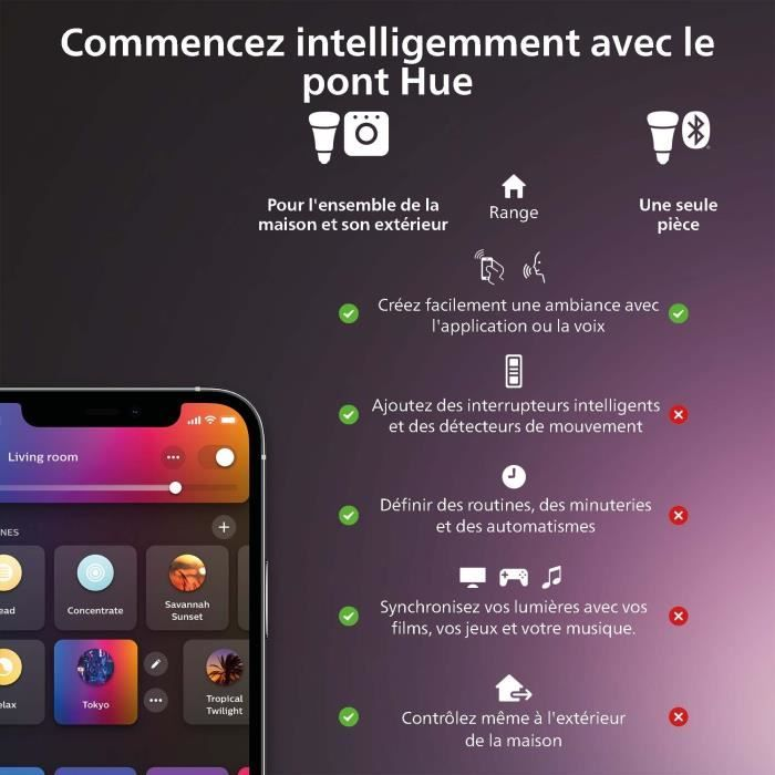 App-Oberfläche zeigt Hue Bridge-Funktionen: Haus/Außen, Reichweite, einzelner Raum, Ambiente, Schalter, Routinen, Synchronisation, Fernzugriff.