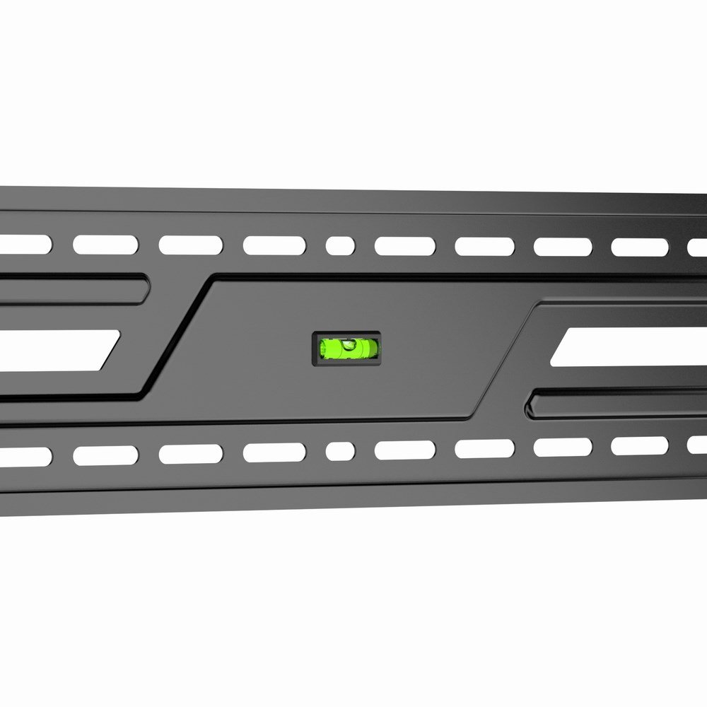 A black metal bracket with an integrated bubble level indicator.