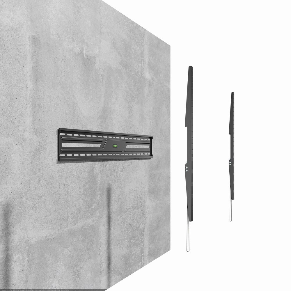 A black TV wall mount with a level on a concrete wall, beside it two slim mounts.