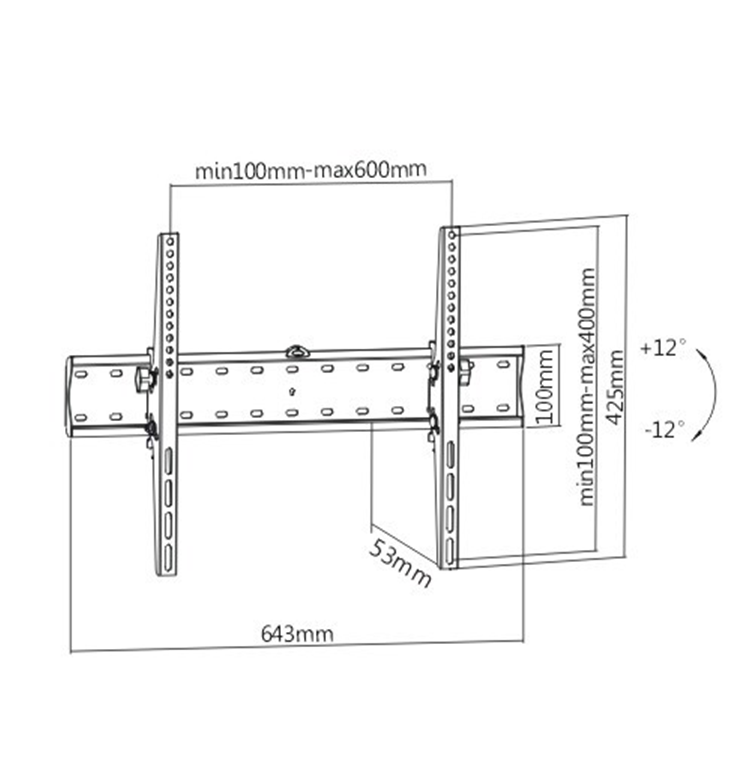 Technical drawing of a TV mount with dimensions and angles.