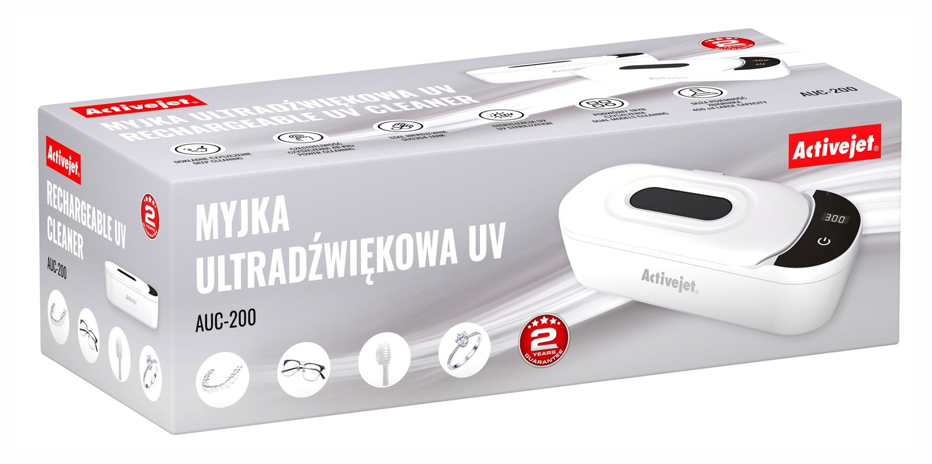 Pudełko białej myjki UV Activejet z wyświetlaczami cyfrowymi i ikonami.