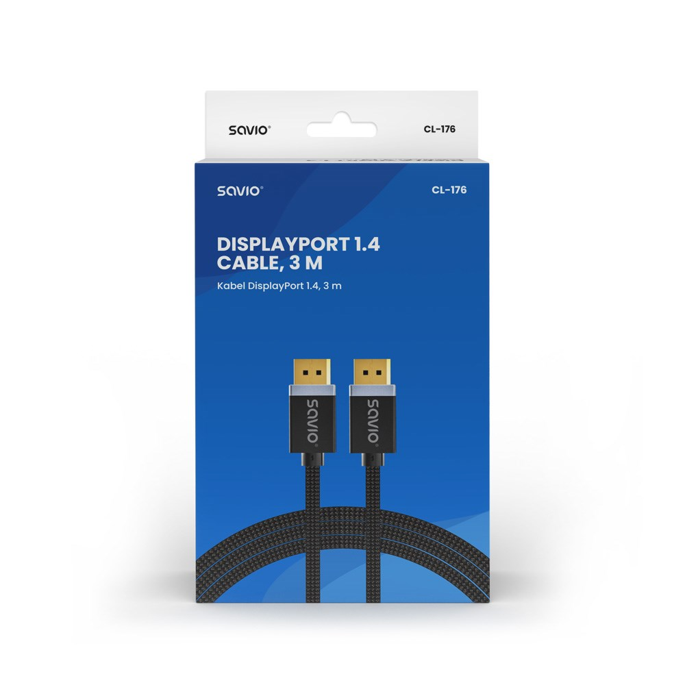 Confezione per un cavo DisplayPort 1.4 da 3m con due connettori.