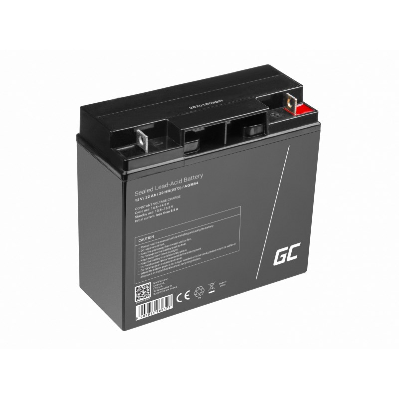 Batería AGM negra de 12V/22Ah con terminales rojos y plateados, logo GC.