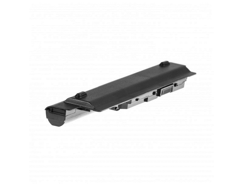 Schwarzer Laptop-Akku mit Anschlüssen und Verriegelungsmechanismus.