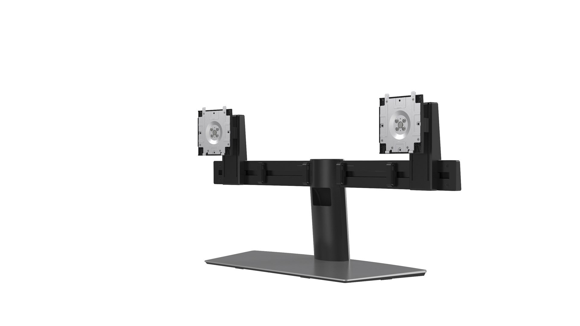 A black dual monitor stand with a silver base.