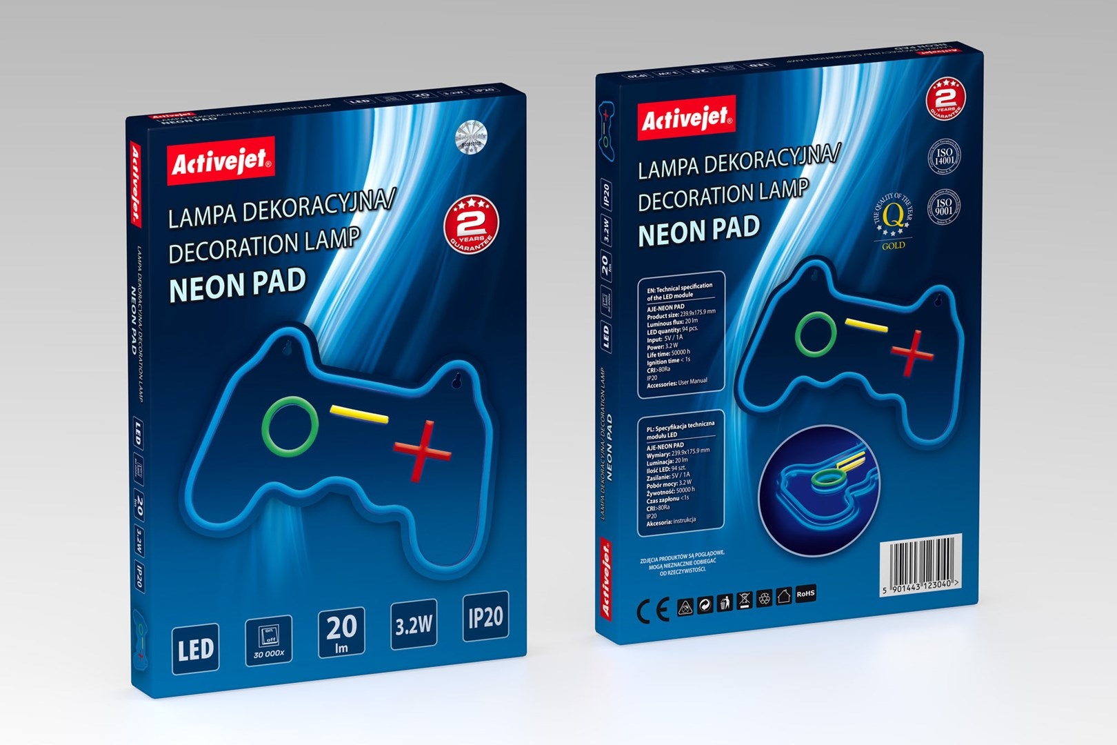 Verpackung einer Neon-Pad-Lampe mit Controller-Symbol, Spezifikationen, und Zertifizierungen.