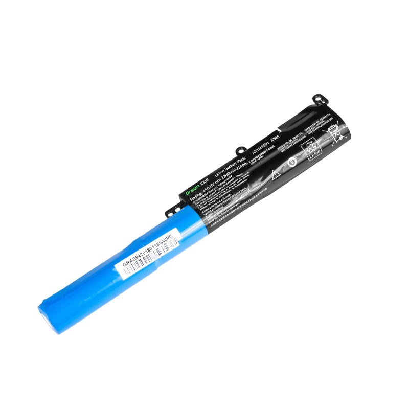 Ein blau-schwarzer Li-Ion Laptop-Akku mit Text und Etiketten.