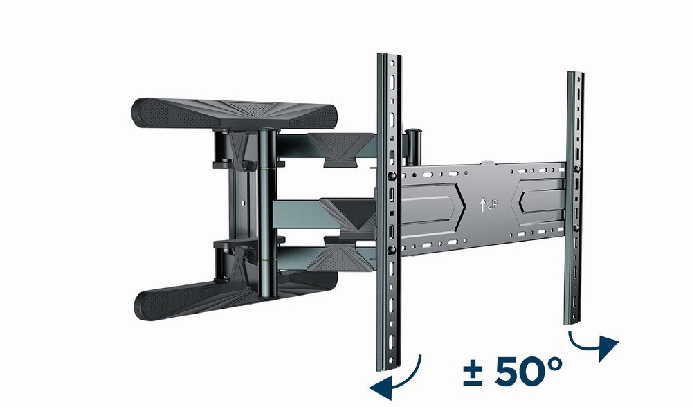 Swiveling metal TV wall mount with adjustable arms and ±50° swivel range.