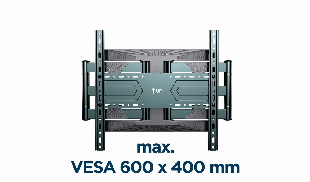A gray monitor mount with an 'UP' label and VESA 600x400mm.
