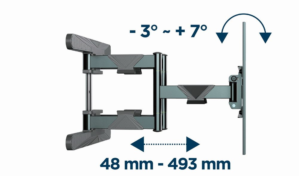 A dark gray, extendable, swivel TV wall mount with inscriptions.