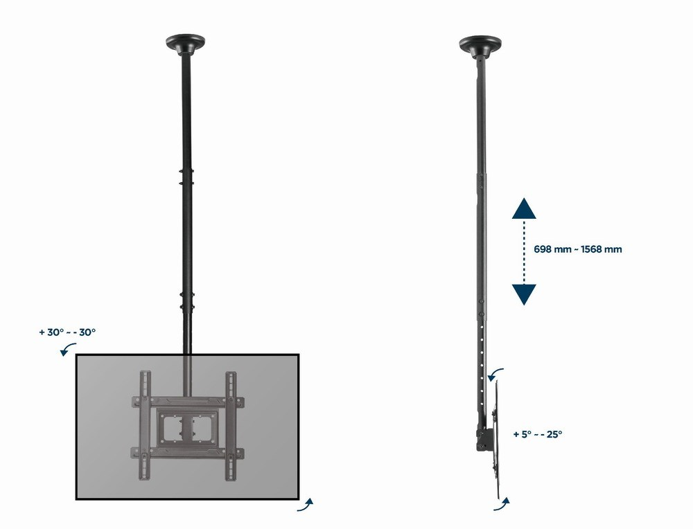Black TV ceiling mount with tilt and adjustable length.