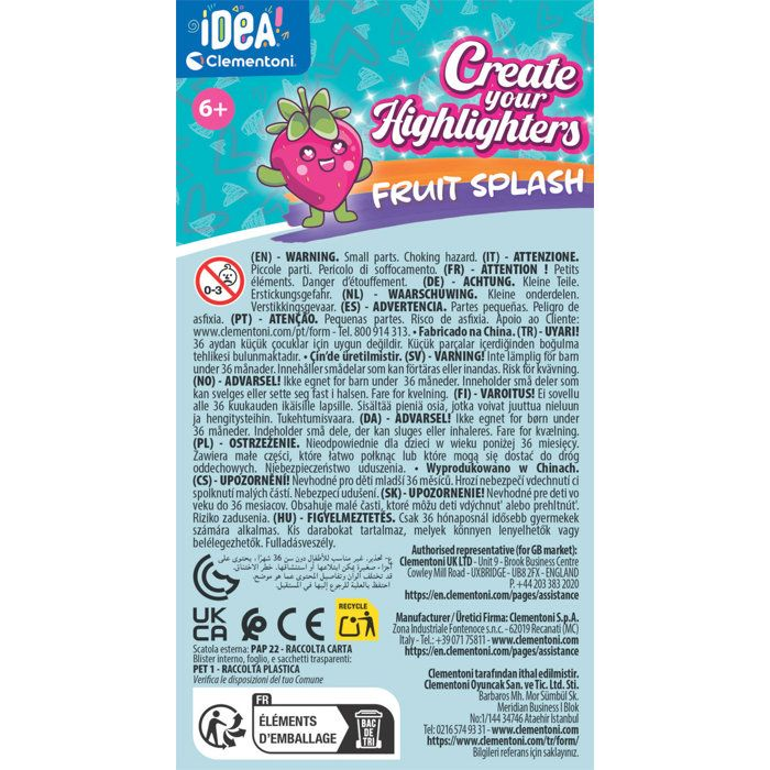 Ein bunter Aufdruck zeigt eine lachende Erdbeere mit Glitzer und den Schriftzug 'Create your Highlighters Fruit Splash'.