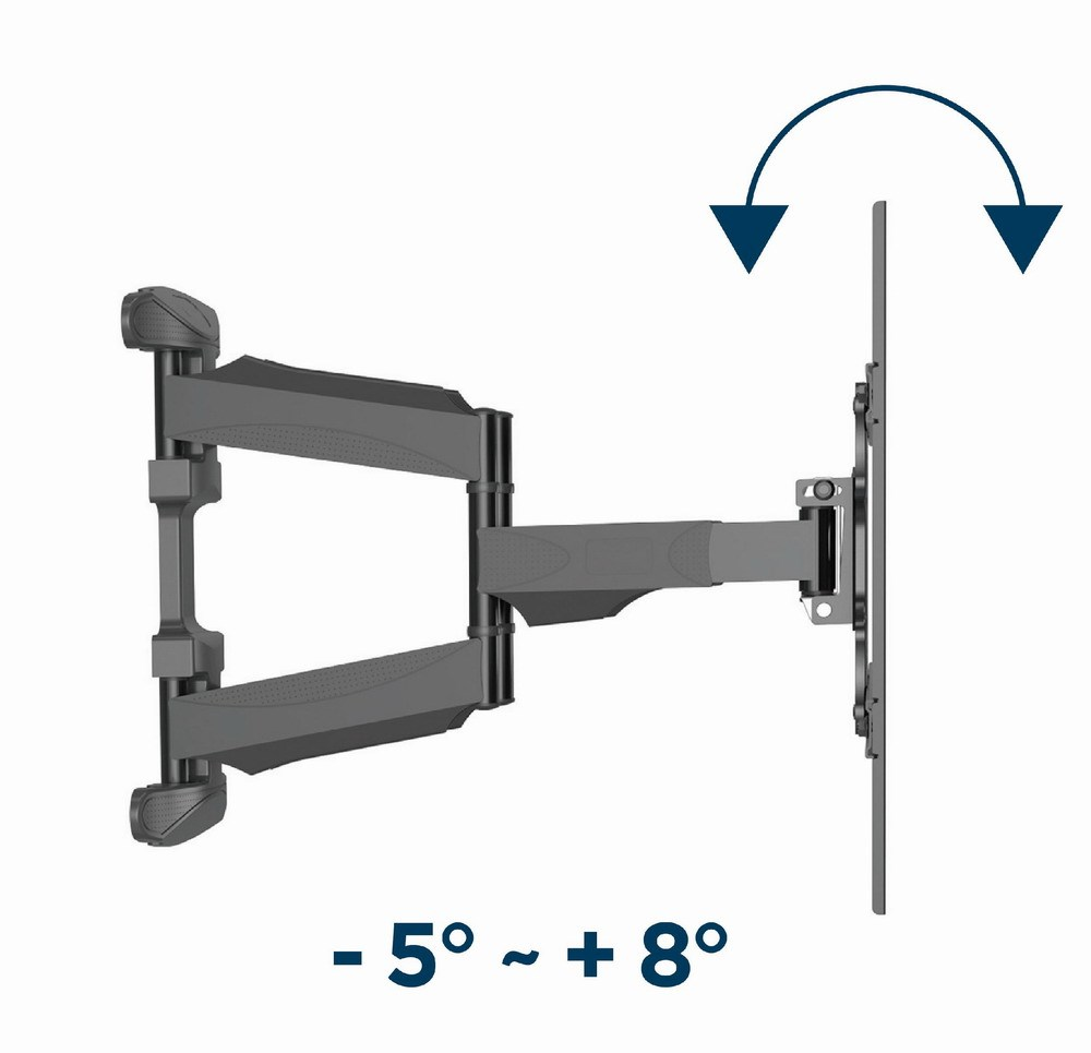 Gray TV wall mount with extending arm, shows -5° to +8° tilt.