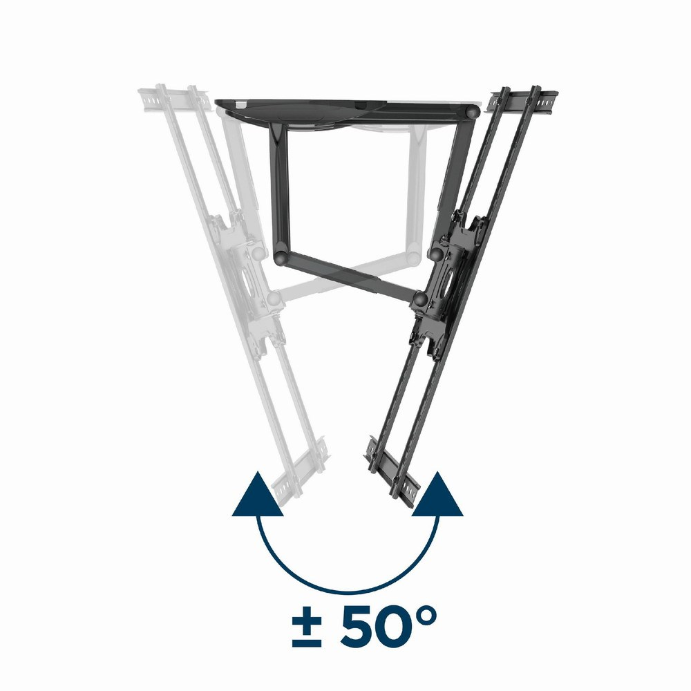 Black TV wall mount showing swivel arms, ±50° angle.