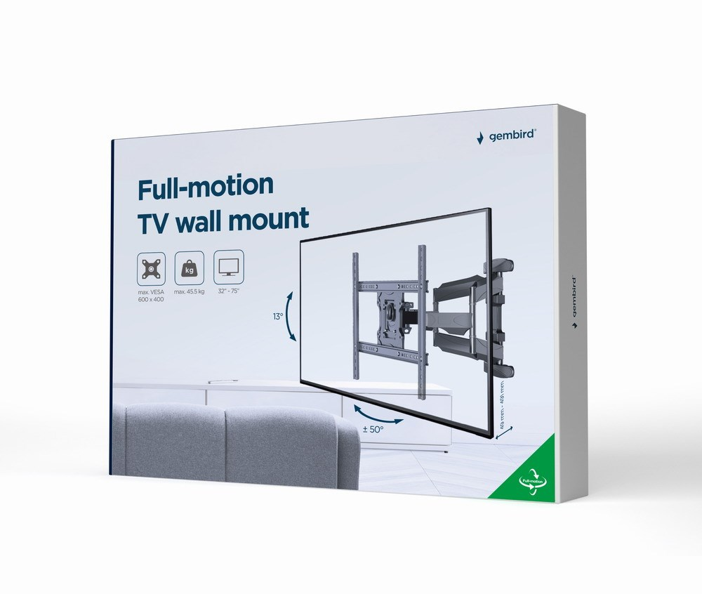 Box for a full-motion TV wall mount, showing specifications and product.