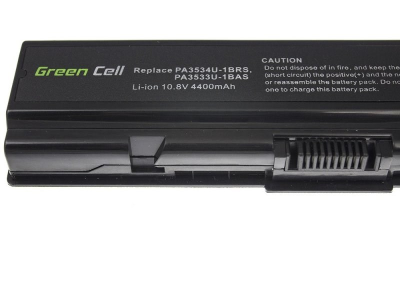 Schwarzer Laptop-Akku mit grünem 'Green Cell'-Logo. Textdetails Modell und Spannung.
