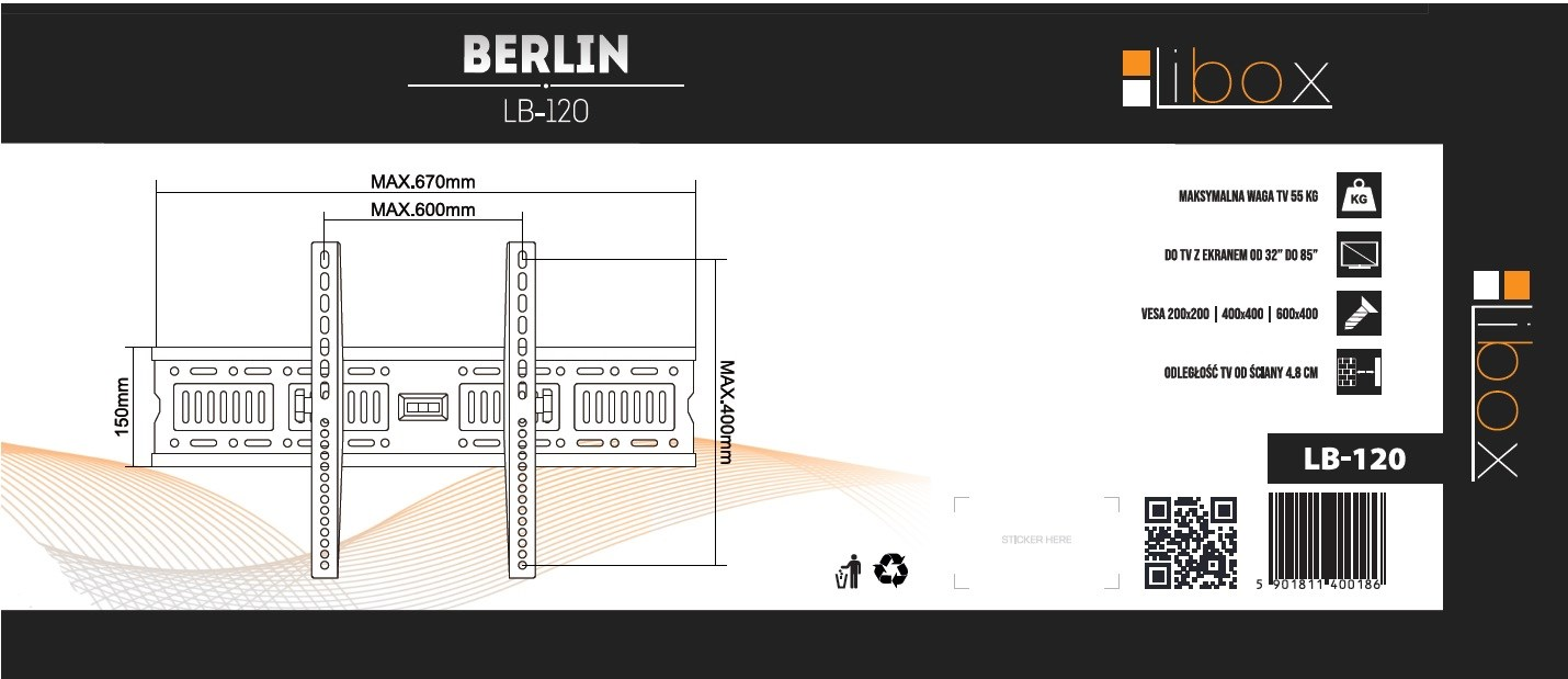 Technical dimensions of the Berlin LB-120 TV wall mount with VESA patterns.