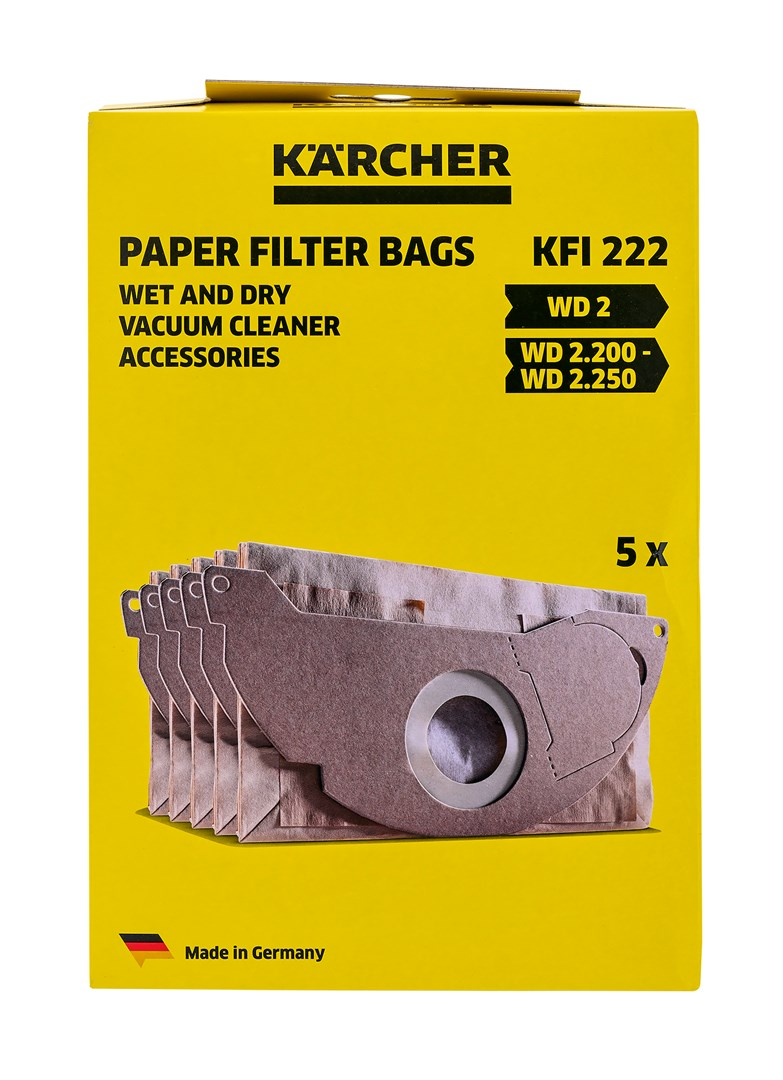 Verpackung mit Kärcher Papierfiltertüten, 5 Stück, für Nass-/Trockensauger.