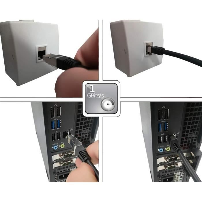Ein Netzwerkkabel wird in einen weißen Adapter und in einen Computeranschluss gesteckt.