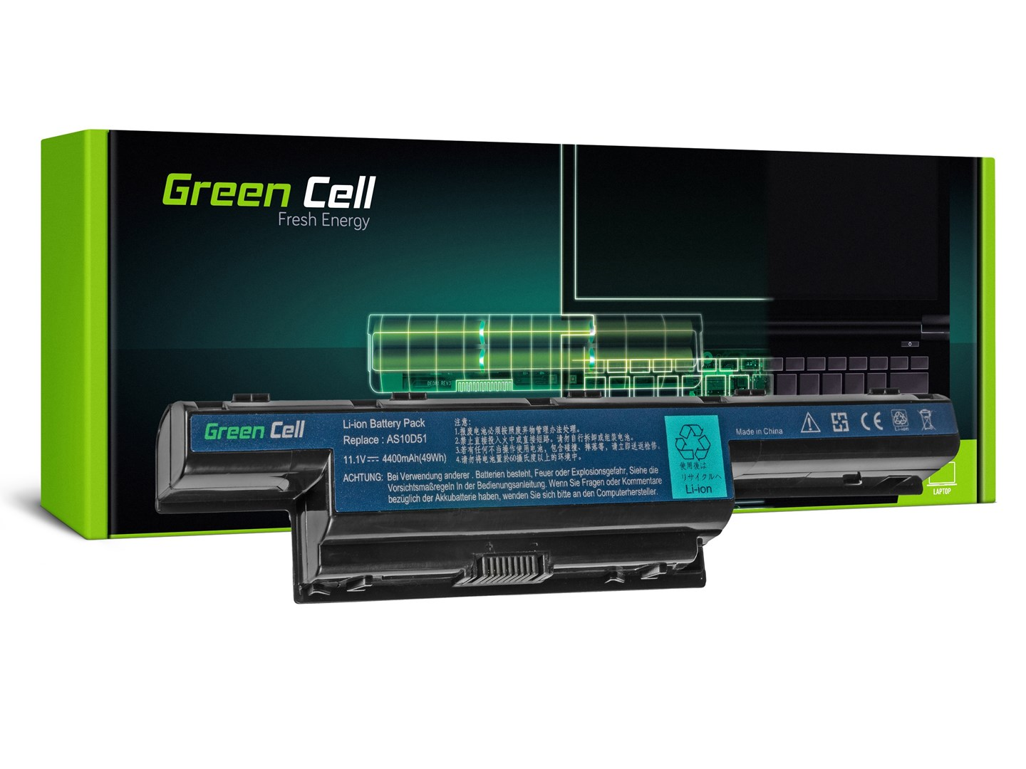 Batería de portátil Green Cell con etiqueta y un portátil estilizado al fondo.