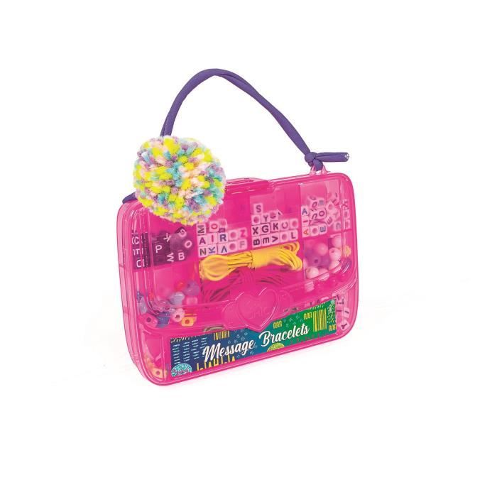 Pinkes Armband-Bastelset mit Buchstabenperlen, Schnur und Bommel.