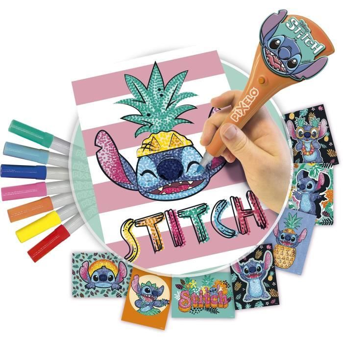 Un niño pinta a Stitch en papel con un rotulador, rodeado de rotuladores e imágenes.