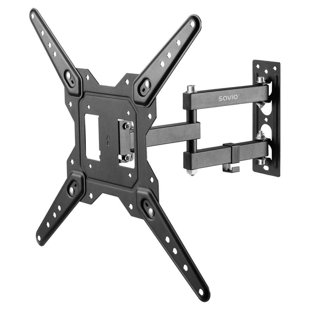 Soporte de pared para TV negro con brazo extensible y juntas, sobre fondo blanco.