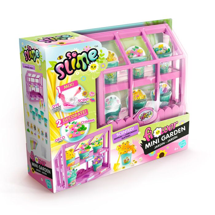 Caja para un juguete So Slime Mini Garden. Presenta una estantería rosa de mini invernadero.