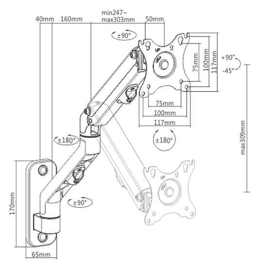 Technical drawing of a monitor arm with dimensions and angle specifications.