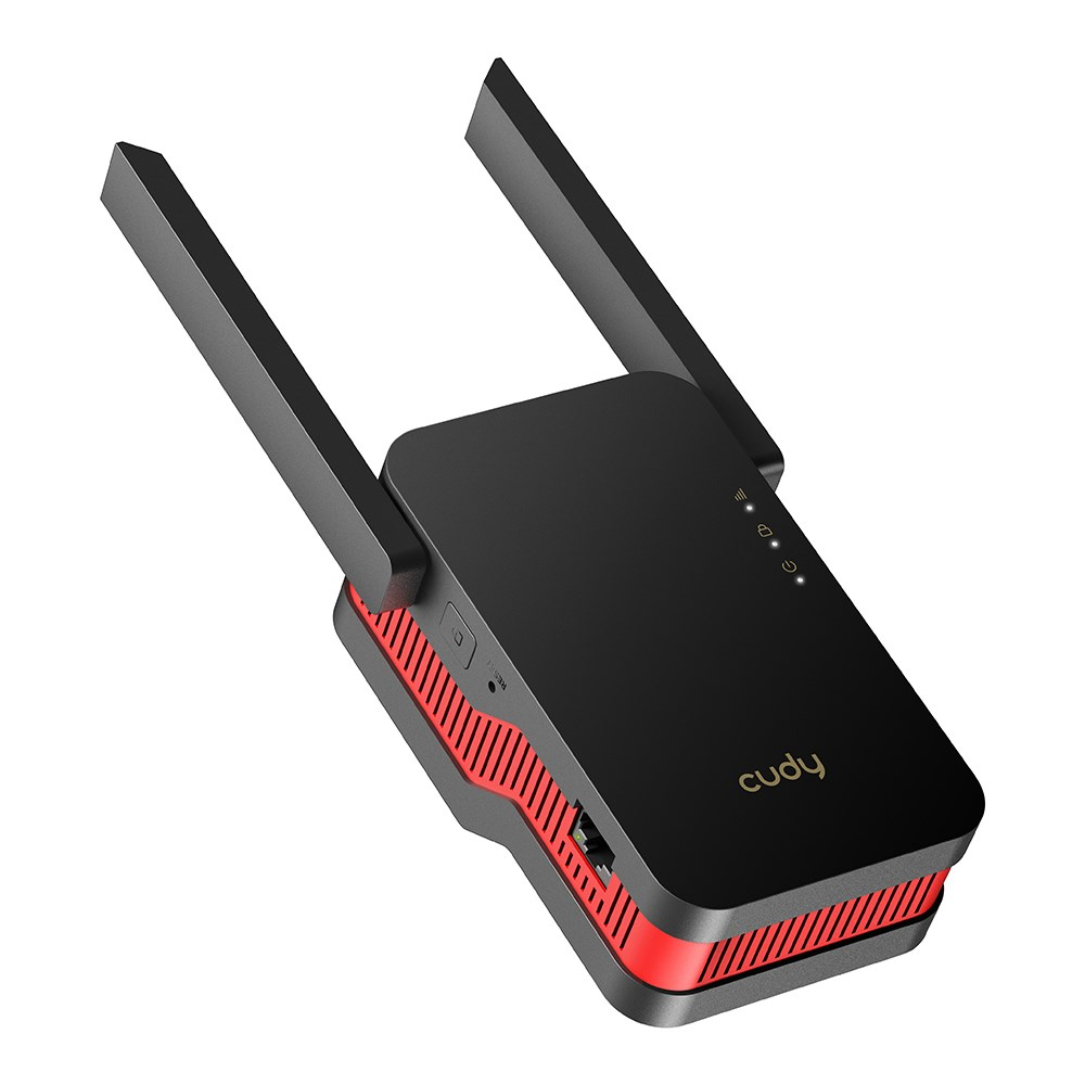 Estensore WiFi nero con accenti rossi e antenne.