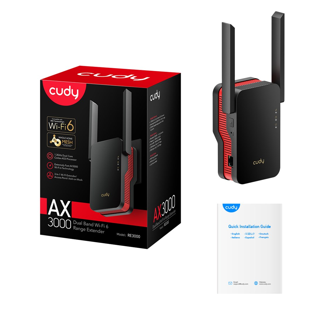 Estensore Cudy AX3000 Dual Band Wi-Fi 6 con scatola, dispositivo e manuale.
