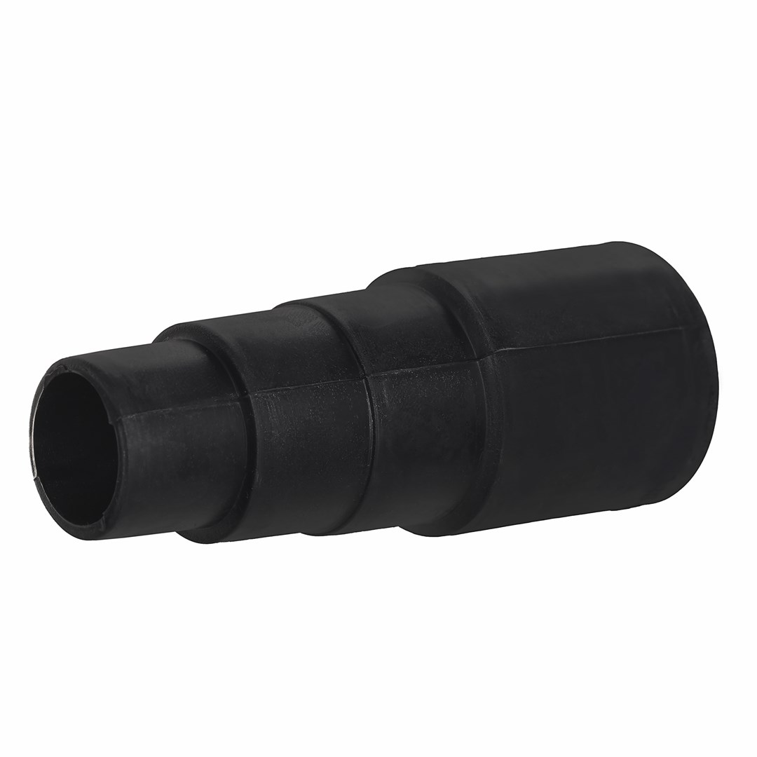 Un adaptateur de tuyau conique noir à plusieurs niveaux sur fond blanc.