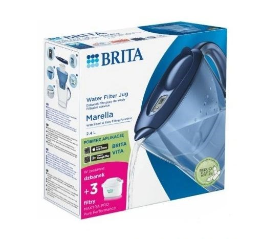 Opakowanie niebieskiego dzbanka Brita Marella o pojemności 2,4 L.