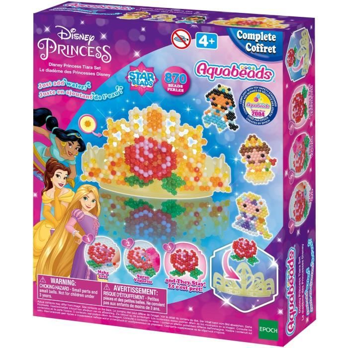 Set de Tiara Aquabeads Disney Princess con figuras de princesas y corona.