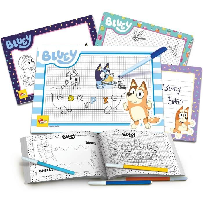 Bloc de dibujo y libro para colorear de Bluey con bolígrafos, personajes y escenas.