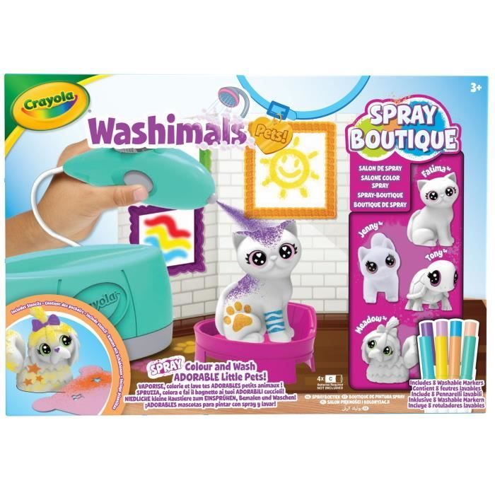 Juego de juguete Crayola Washimals Spray Boutique con figuras de gato, perro y tortuga.