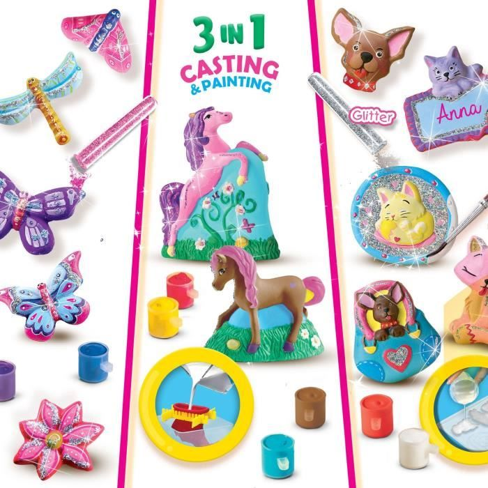 Kit di artigianato con figure da colare e dipingere: cavalli, farfalle, animali e fiori.