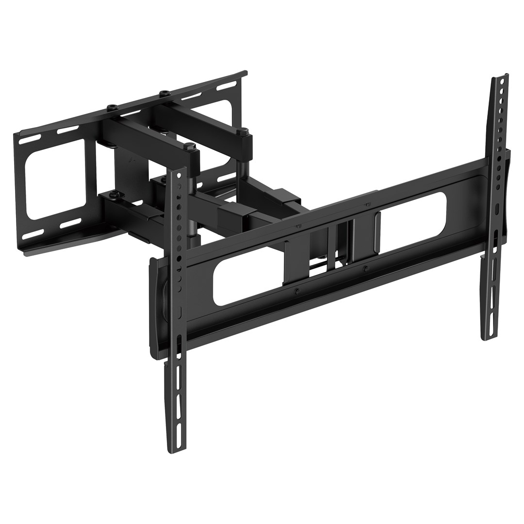 Supporto TV da parete nero regolabile con bracci estensibili e snodati.