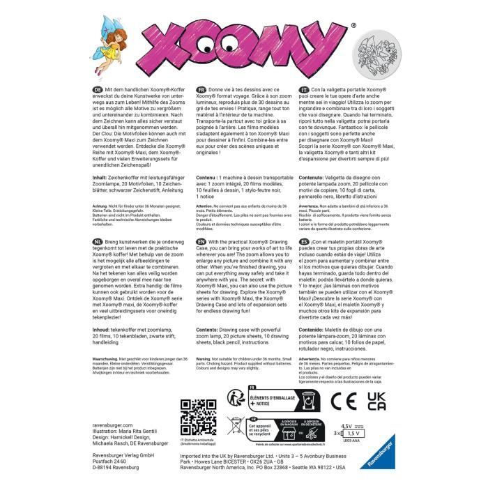 Xoomy-Koffer mit Zoomlampe, Folien, Zeichenblättern und Stift. Mehrsprachige Produktbeschreibung.
