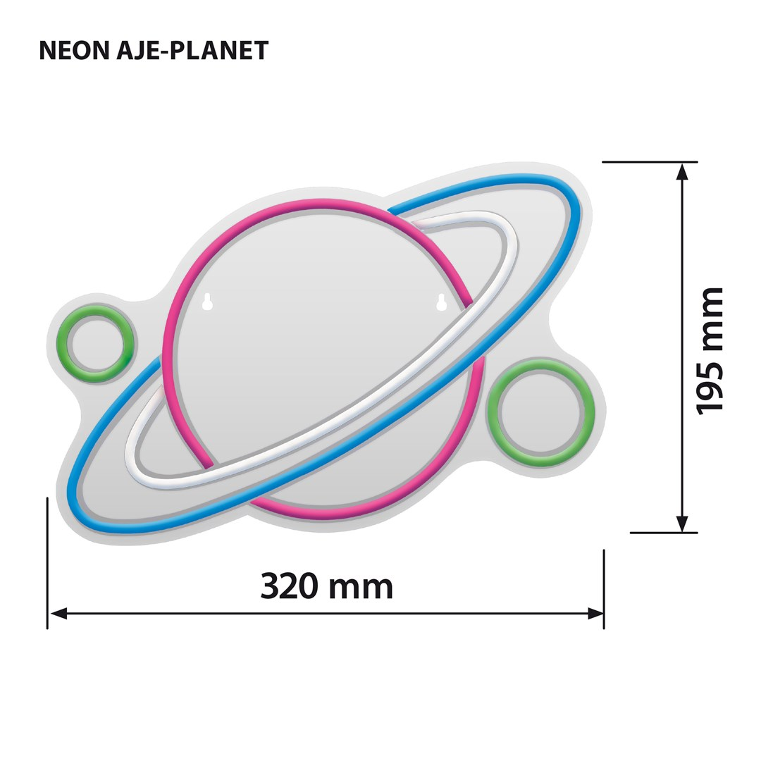 Neon planet lamp with pink, blue, and white rings. Dimensions 320x195mm.
