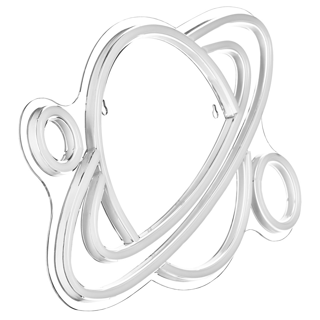 A white neon light shaped like a planet with rings, against a white background.