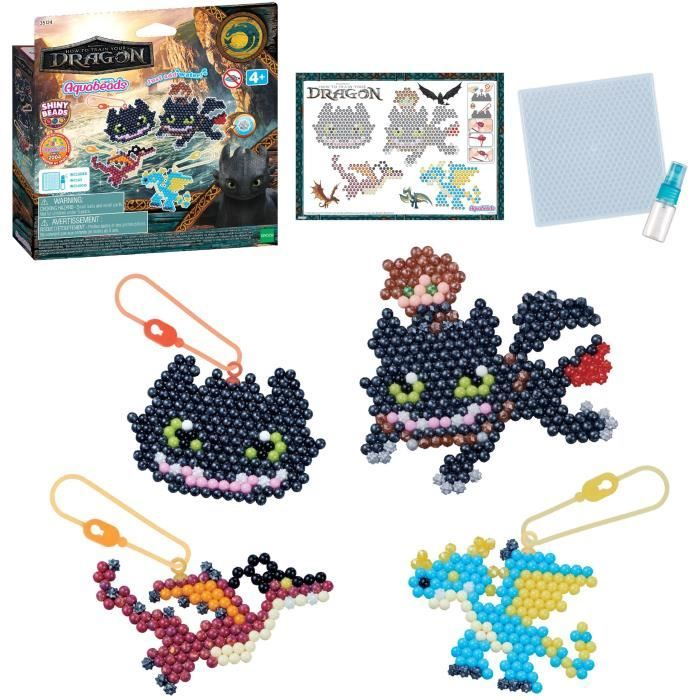 Set de dragones Aquabeads con instrucciones, cuentas, plantilla y pulverizador.
