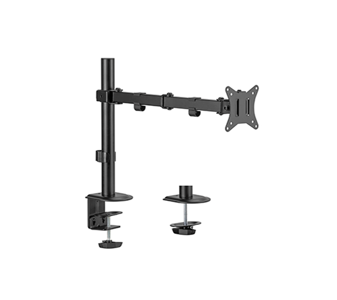 Black monitor mount with clamp and VESA plate, on a white background.