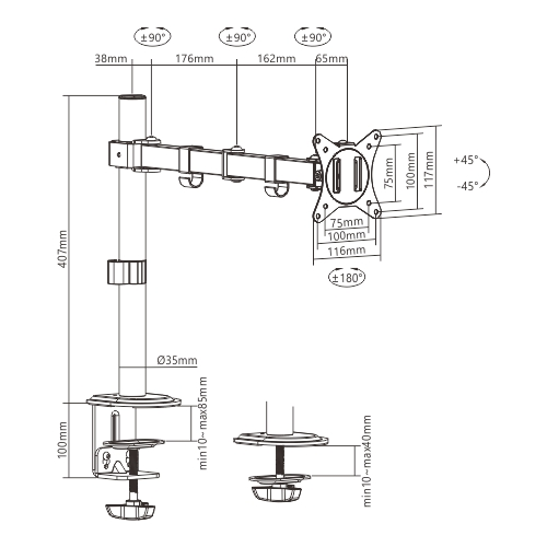 Technical drawing of a monitor arm with dimensions and angles.