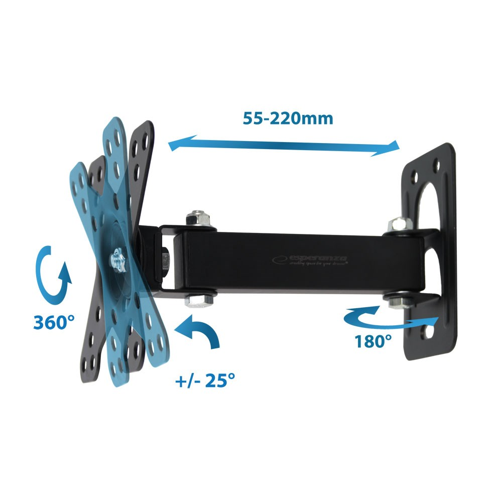 Supporto TV da parete nero, rotazione 360°, inclinazione +/-25°.