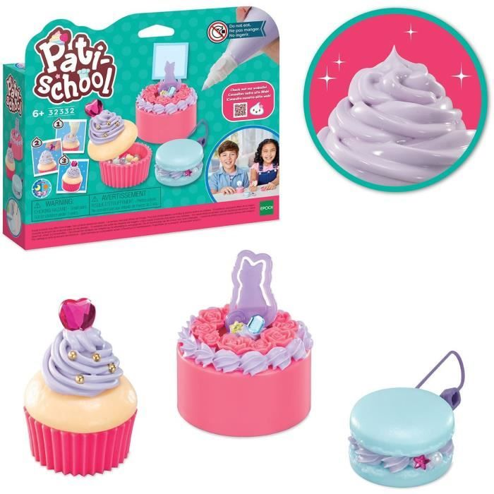 Juguete Pati School: Pasteles, cupcakes y macarons decorativos con glaseado púrpura y rosa.