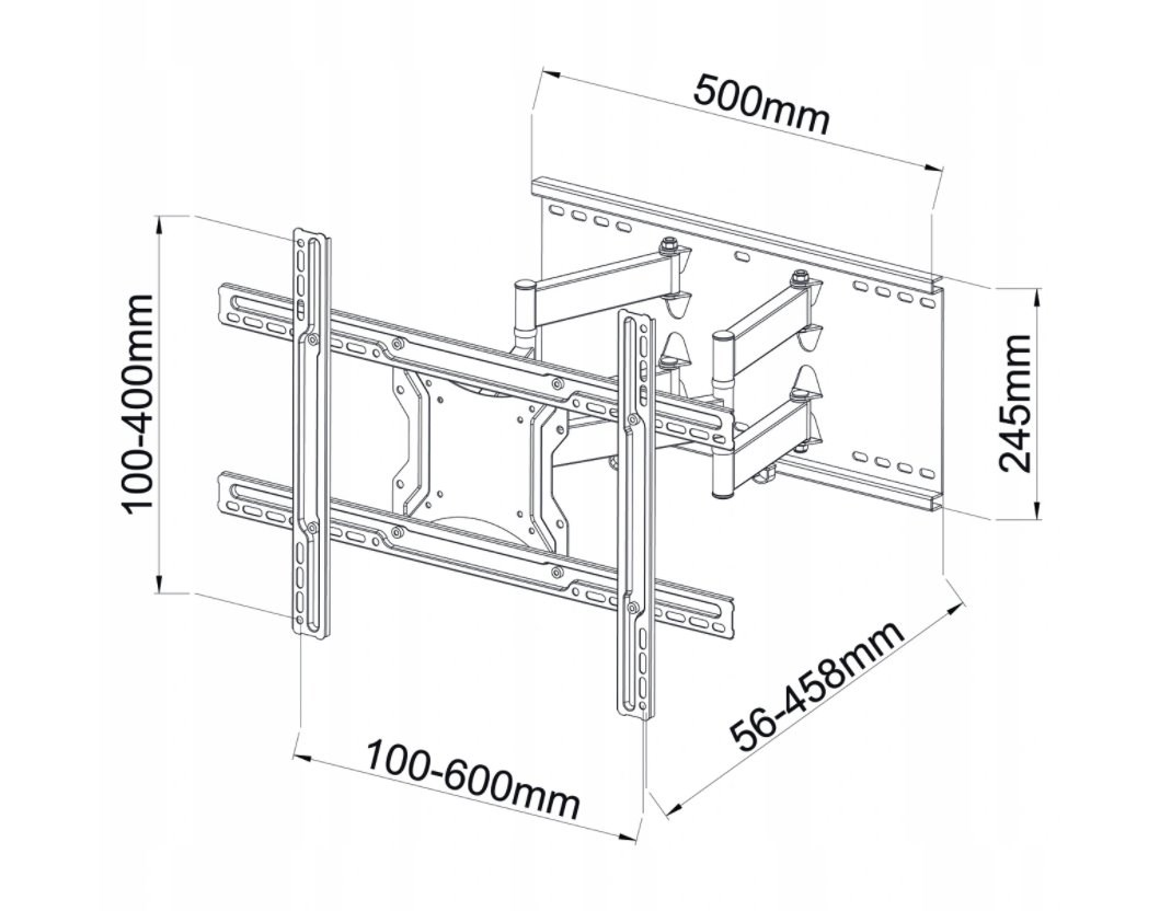 Disegno tecnico di un supporto a parete TV girevole con dimensioni.